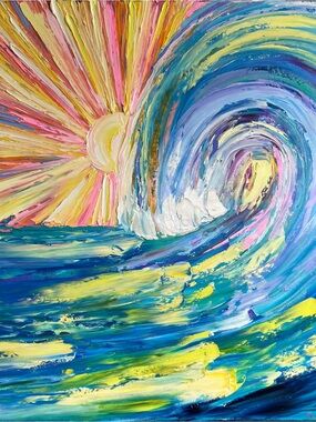 Abstract Sunrise Wave Canvas Art - Multicolor surfing oil painting